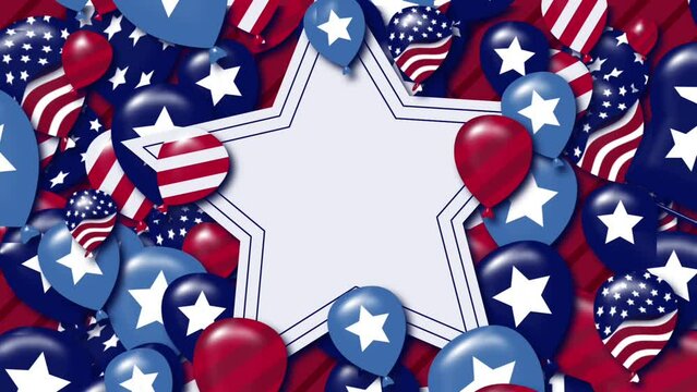 Animation of A banner with a star and lots of red, white, and blue balloons