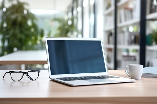 A laptop is open on a desk with a cup of coffee next to it