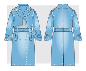 Denim blue trench coat technical sketch. Vector illustration.