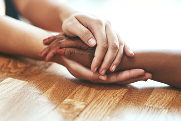 Empathy, people and holding hands for support, help and comfort during grief, mourning and care for...