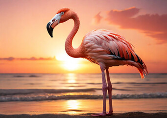 Pink flamingo standing on the beach at sunset. Beautiful tropical background
