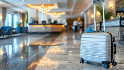 Travel suitcase by the entrance of a luxurious hotel, ready for guests  check in