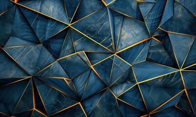 Blue polygonal textured background with golden lines. Geometric abstract background with 3d effect.