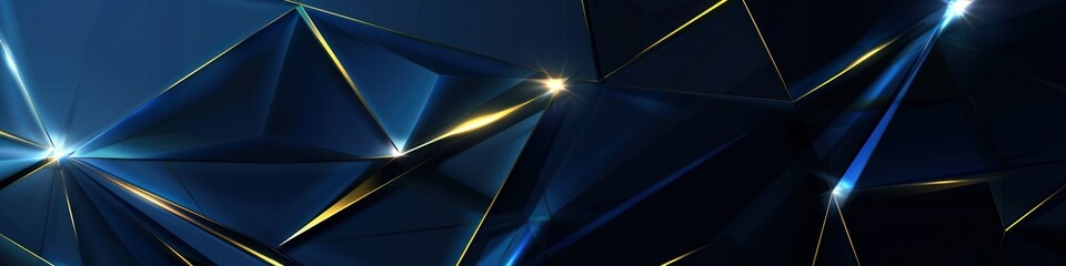 Dark blue polygonal banner with golden lines. Geometric abstract background with triangles.