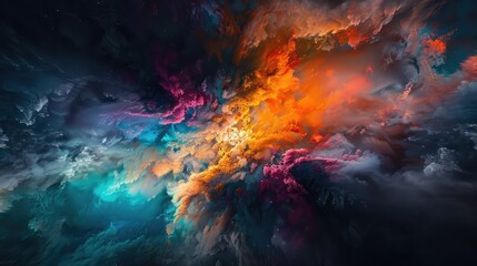 A vibrant explosion of color and energy bursting forth from the darkness, illuminating the canvas...