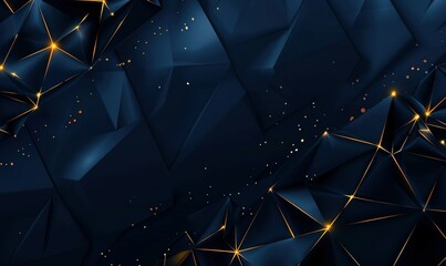 Dark blue polygonal background with golden lines. Geometric abstract background with triangles.