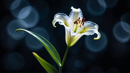 Beautiful white lily flower on dark background with bokeh