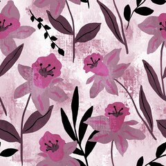 Abstract Hand Drawing Vintage Daffodil Flowers and Leaves with Old Grunge Texture Seamless Pattern Isolated Background