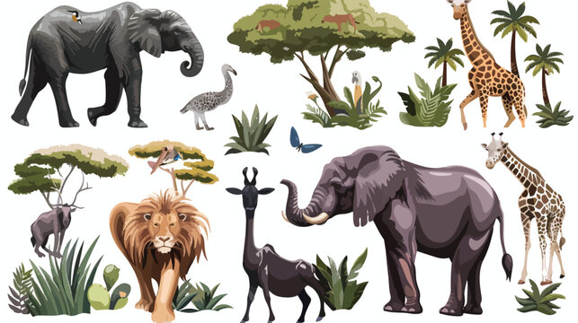 Wild african animals set with nature elements. Vector