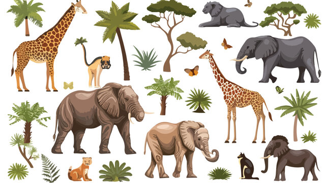 Wild african animals set with nature elements. Vector