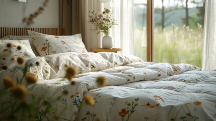 Sunlit cozy bedroom with a botanical-themed bedding and a serene, natural ambiance.