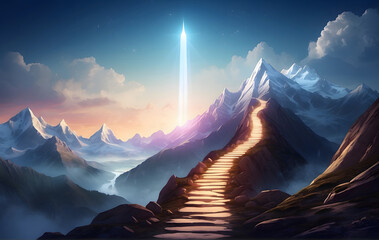 The concept of the path to success, depicted by a glowing light pathway ascending a mountain design