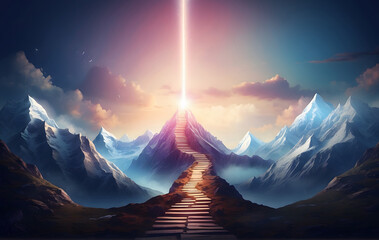 The concept of the path to success, depicted by a glowing light pathway ascending a mountain design