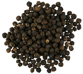 Handful of black pepper seeds isolated on a transparent background. Completely in focus. Top view.