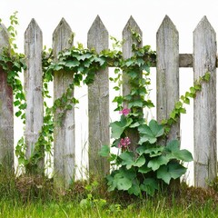 Alter mit Efeu und Grünpflanzen verwachsener Lattenzaun freigestellt vor weißem Hintergrund. Nahaufnahme.