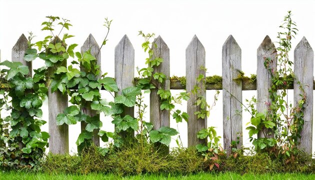 Alter mit Efeu und Gr&uuml;npflanzen verwachsener Lattenzaun aus Holz. Freigestellt vor wei&szlig;em Hintergrund. Nahaufnahme.
