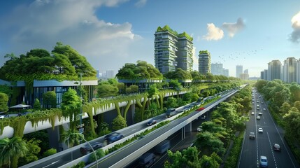 Fototapeta na wymiar Eco-friendly infrastructure integrates seamlessly into a modern cityscape along a verdant highway route.