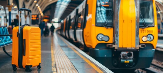 Travel suitcase placed by the entrance of a train station for easy transportation convenience