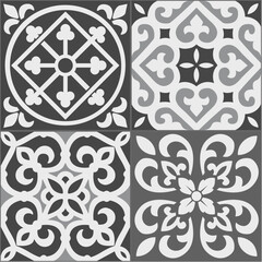 Portuguese tiles. Four types of tiles ins shades of gray and white. Ceramic tiles. Portuguese hydraulic ceramic project. EPS illustration.