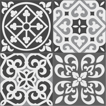 Portuguese tiles. Four types of tiles ins shades of gray and white. Ceramic tiles. Portuguese hydraulic ceramic project. EPS illustration.