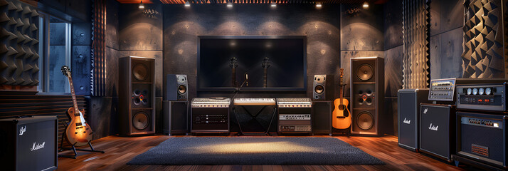 Music studio room guitars amplifier old fashion speakers recording with lightness decoration design dark 