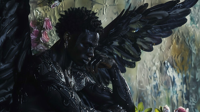 A melancholic male angel with black wings, conveying a sense of sorrow and solemnity. His wings, dark as night, reflect the depth of his emotions, evoking a poignant and somber atmosphere