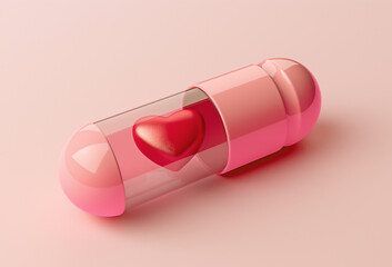 Tablet capsule transparent closeup with a heart inside it on a light background
