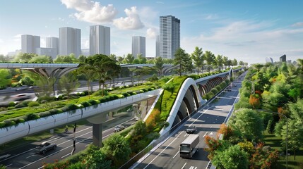 Fototapeta na wymiar Elevated green spaces line a modern highway, seamlessly integrating nature into the urban environment.