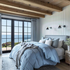 coastal bedroom, soft blue bedding, light wood, black accents