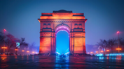 India Gate at night with multicolored lights, a popular tourist destination in Delhi. - obrazy, fototapety, plakaty