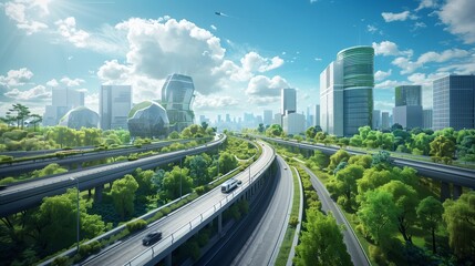 Sustainable transportation moves gracefully along a high-tech highway amidst a thriving, eco-conscious city.