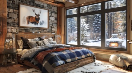 Naklejka premium Rustic cabin bedroom with a roaring fireplace, tartan patterns, and a picturesque snowy window view.