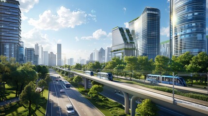 Sustainable transportation flows smoothly along a modern, tree-lined highway amidst a bustling...