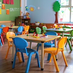 Kindergarten classroom with small chairs and tables set for young learners