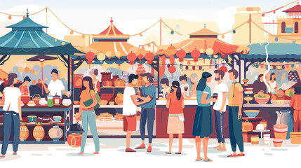 Asian outdoor street market with local people tourists - obrazy, fototapety, plakaty