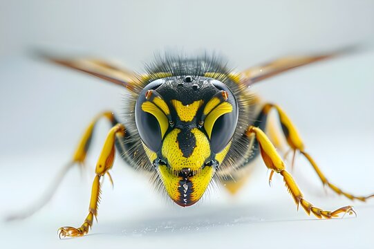 Wasp's head against a gray backdrop Flying bee close-up isolated on a white background



