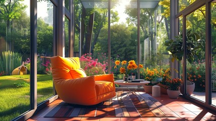 Contemporary sunroom design harmonizing with the vibrant colors of the garden. - Powered by Adobe