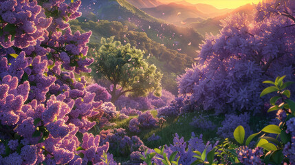 Sunlit scene overlooking the lilac plantation with many lilac blooms, bright rich color, professional nature photo