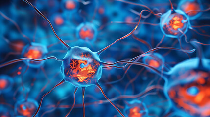 Close up active nerve cells. Human brain stimulation or activity with neurons - obrazy, fototapety, plakaty