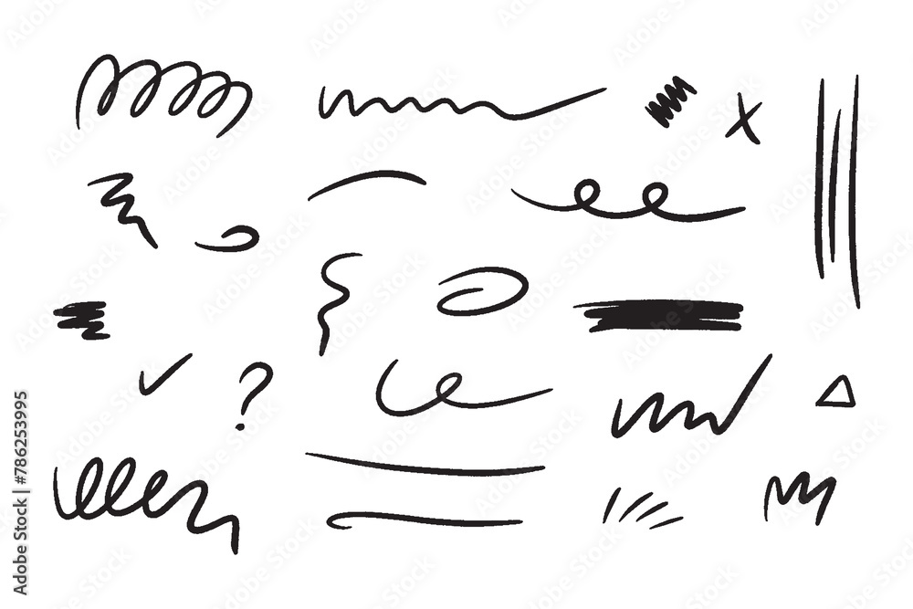 Fototapete Marker scribble elements collection. Hand drawn strokes, underlines, wave brush marks.Vector set isolated on white background.