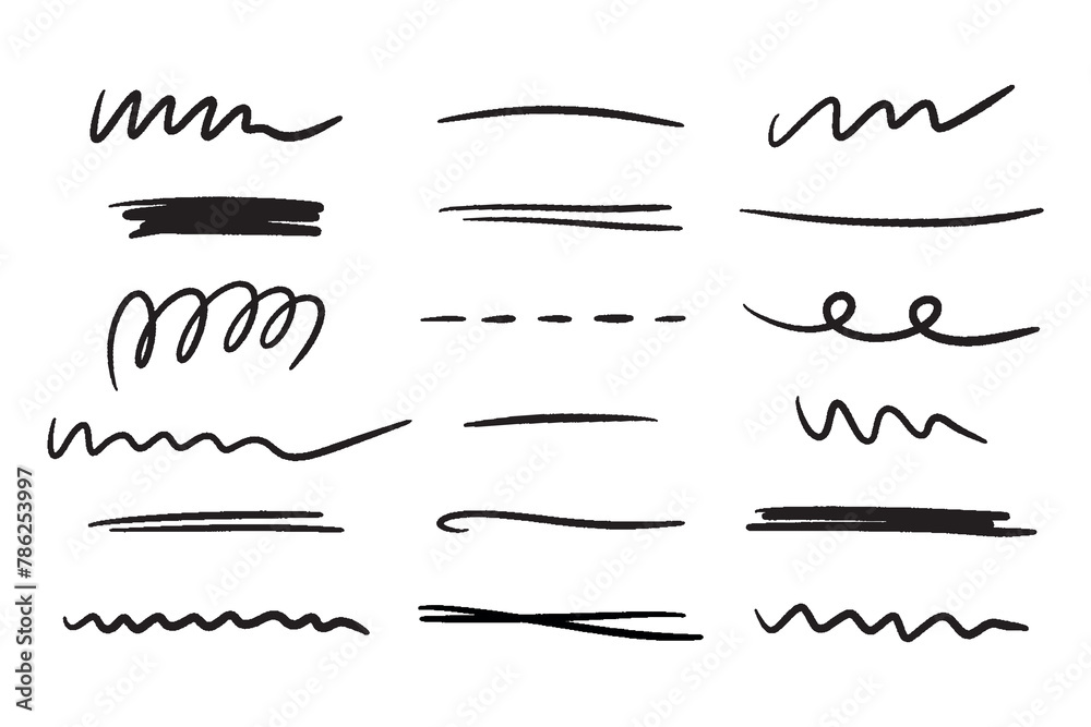 Aufkleber marker scribble elements collection. hand drawn strokes, underlines, wave brush marks.vector set iso