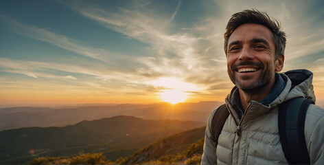 A traveler and Adventurous man on top of the mountain at sunset and enjoying view of nature - Powered by Adobe