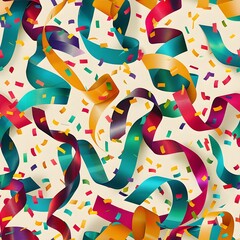 seamless pattern of colorful ribbons and confetti