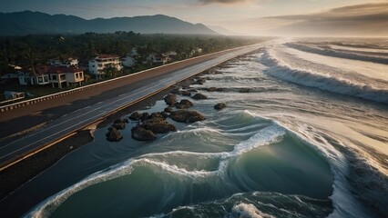 Coastline flooded with water after a tsunami