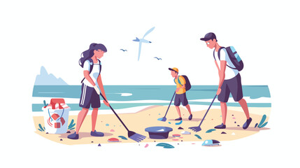 Beach cleaning flat vector illustration. Young people - obrazy, fototapety, plakaty