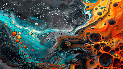 Very beautiful texture background. Marine paint flows in multicolors  with the addition of black and white paint. Style includes curls of marble or agate with bubbles and cells. Natural style
 - obrazy, fototapety, plakaty