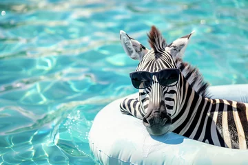 Rolgordijnen zebra in sunglasses lies on an air mattress in the sea - vacation on the beach © agrus_aiart