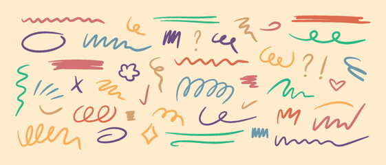 Marker scribble elements collection. Hand drawn strokes, underlines, wave brush marks.Colored vector set isolated on beige background.