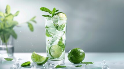 An elegant cocktail photograph featuring a refreshing mojito served in a tall glass, with sparkling clear ice cubes, muddled mint leaves, zesty lime wedges.