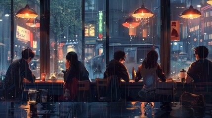 A group of friends huddled in a cozy cafe, watching the rain cascade down the windows, their conversation and warmth contrasting with the cool, wet world outside.